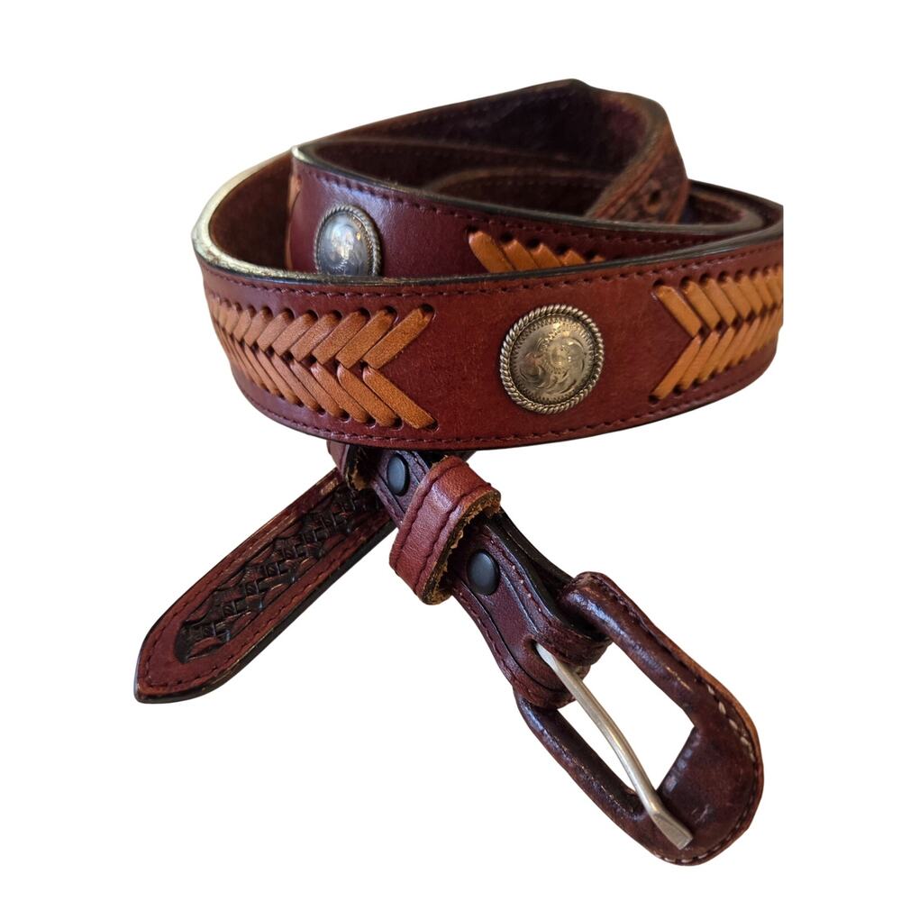 Vintage Handcrafted Western Leather Belt Mens 44 Silver Concho Tooled